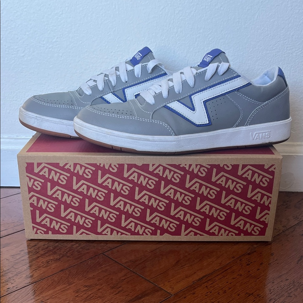 Vans Gray and White Low-Top Sneakers with Blue Accents